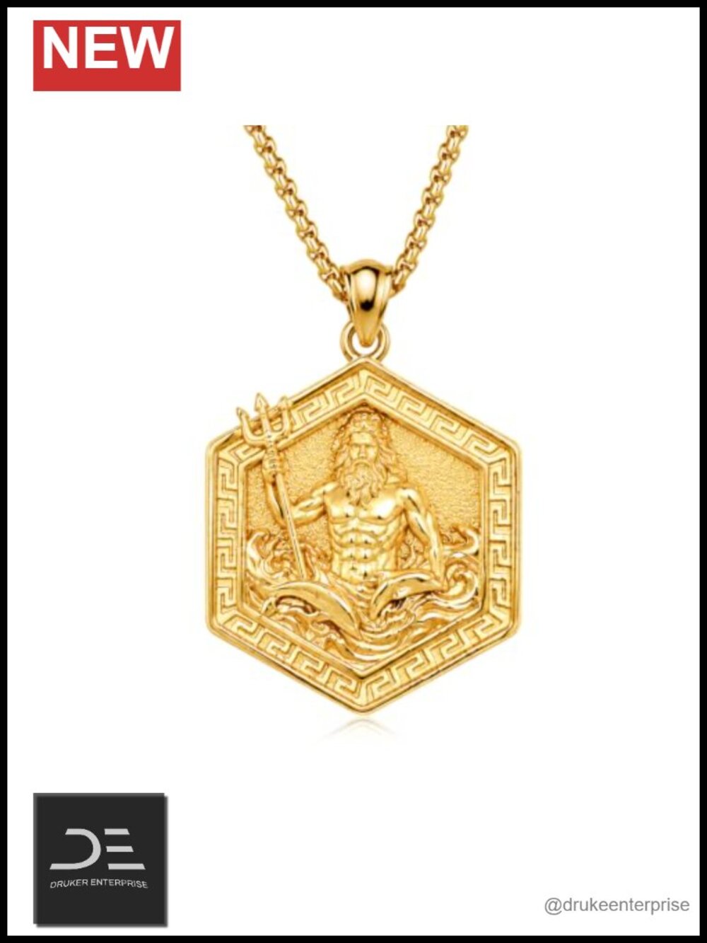 14k Gold Plated Greek Mythology Poseidon Pendant Necklace for Men Women